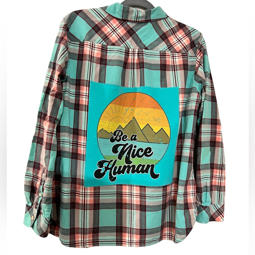Be a Nice Human Graphic Upcycled Flannel